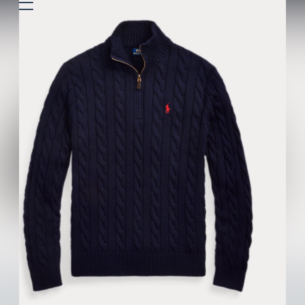 NWT!! Ralph Lauren mens navy blue cable knit sweater 3/4 zip.